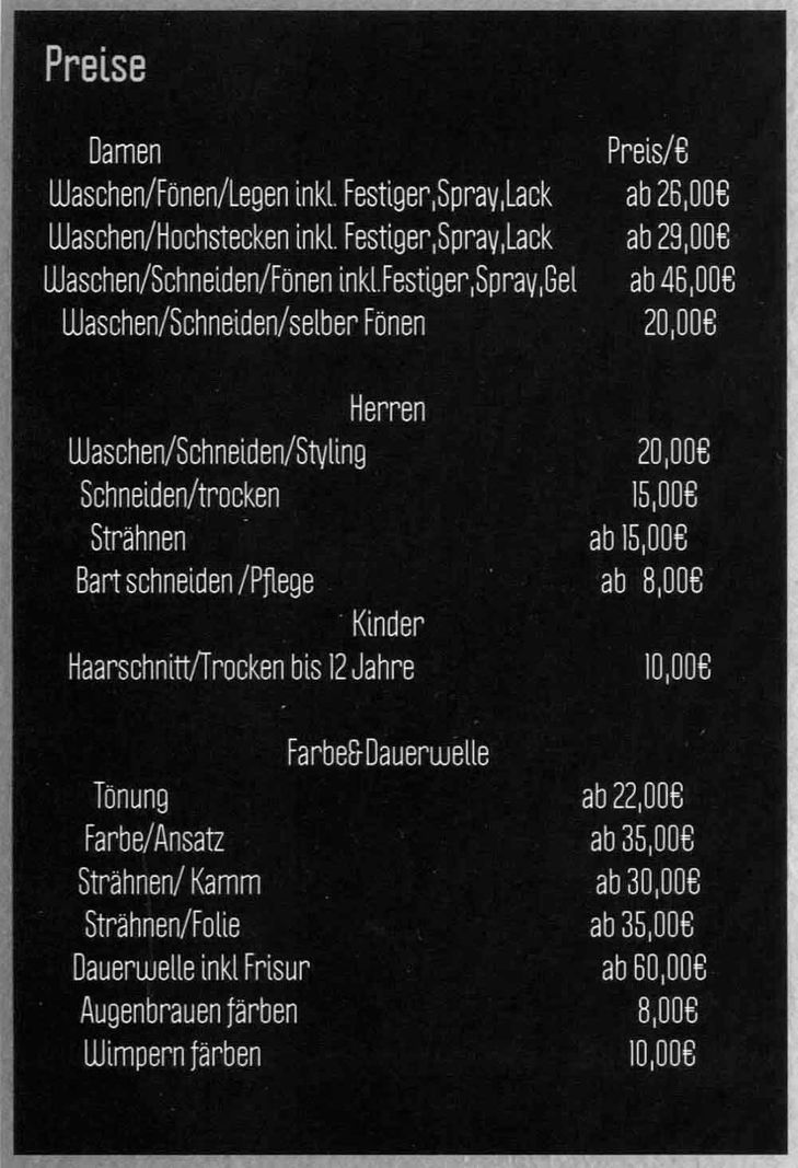 Salon Monique Preisliste